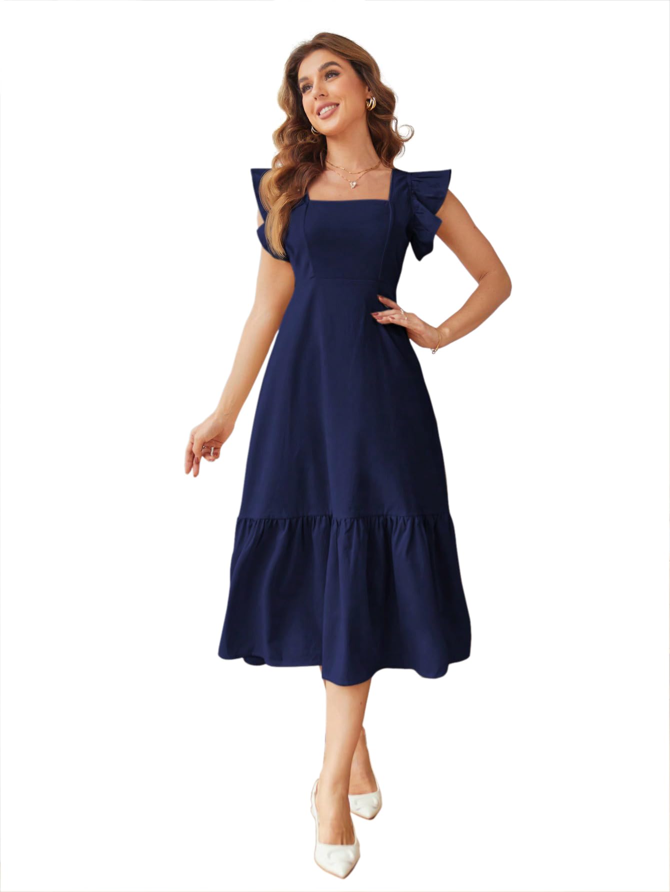 Shasmi GirlS & WomenS Solid Navy Blue Color Square Neck, Ruffle-Trimmed Hem Sleeveless, Ruffle Armhole And Casual Dress With C