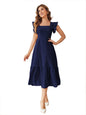 Shasmi GirlS & WomenS Solid Navy Blue Color Square Neck, Ruffle-Trimmed Hem Sleeveless, Ruffle Armhole And Casual Dress With C
