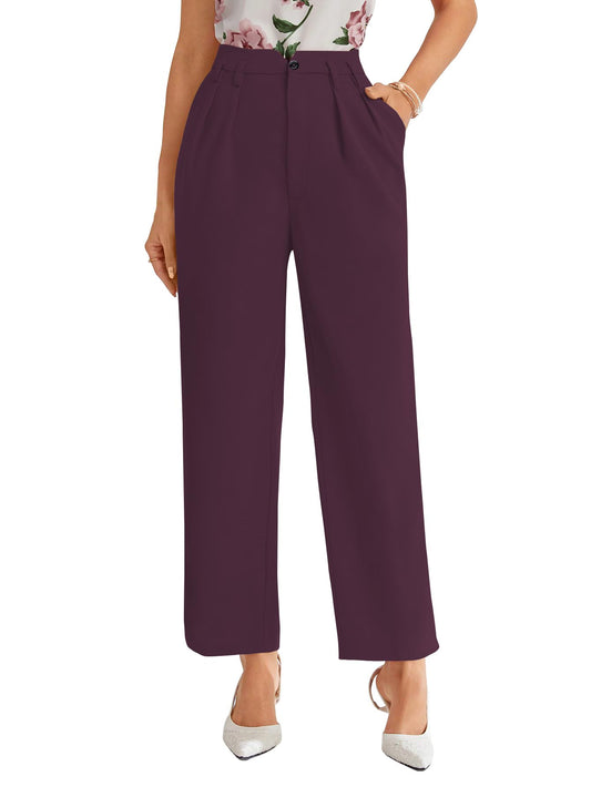 Shasmi Womens Wine High Waist Pleated Straight Leg Trousers  Elegant Solid Color Work Pants with Pockets, Casual Office Wear Pol