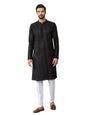 See Designs MenS Long Sleeve Mandarin Collar Side Slit Black Embroidered Thread Work Sequinned Chanderi Silk Straight Kurta Wit