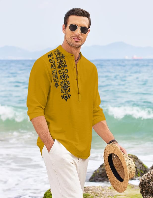 Finivo Fashion MenS Regular Fit Cotton Blend Short Kurta Shirt | Full Sleeve Ethnic Shirt With Mandarin Collar And Button Plack