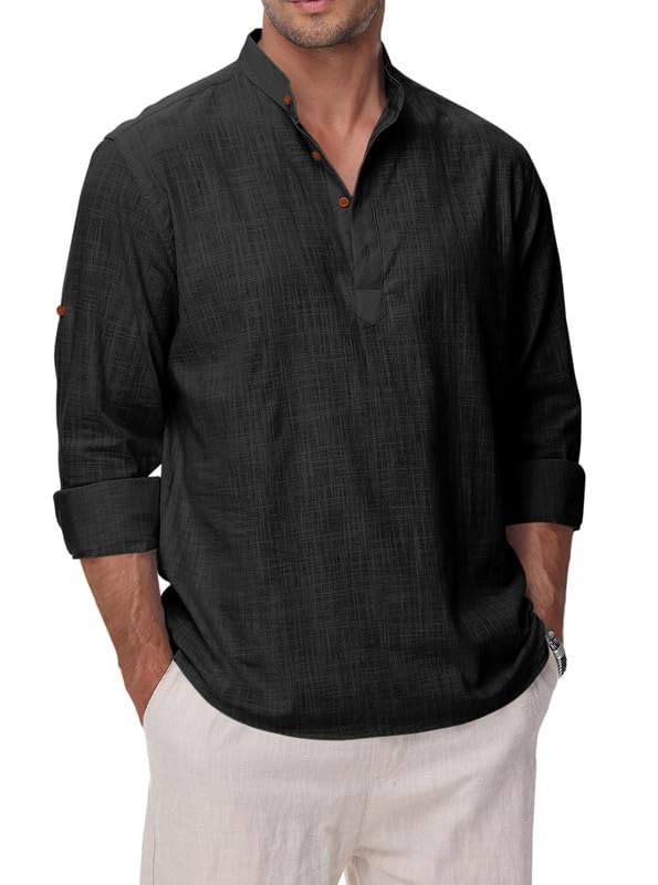ROYALSCOUT Mens Cotton Polyester Blend Solid Regular Fit Full Sleeve Short Kurta Black