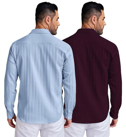 Deelmo Combo Of MenS Casual Button Down Shirts Long Sleeve Linen Shirt Fashion Textured Summer Shirts Pack Of 2