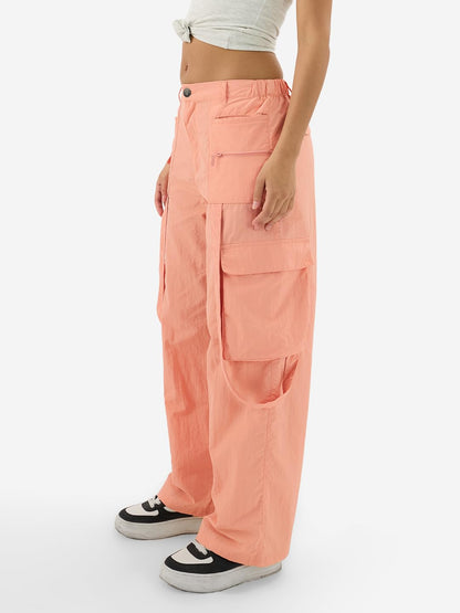 The Souled Store Coral Women and Girls Buttoned Solid Nylon Loose Fit Parachute Pants