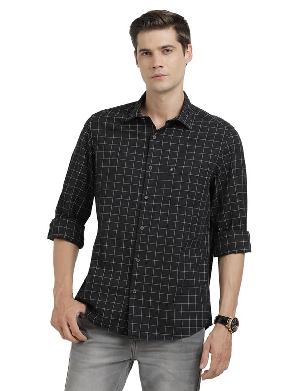 Turtle Men 100% Cotton Slim Fit Black Check Full Sleeve Casual Shirt