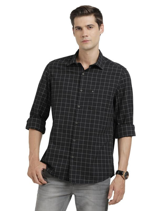 Turtle Men 100% Cotton Slim Fit Black Check Full Sleeve Casual Shirt