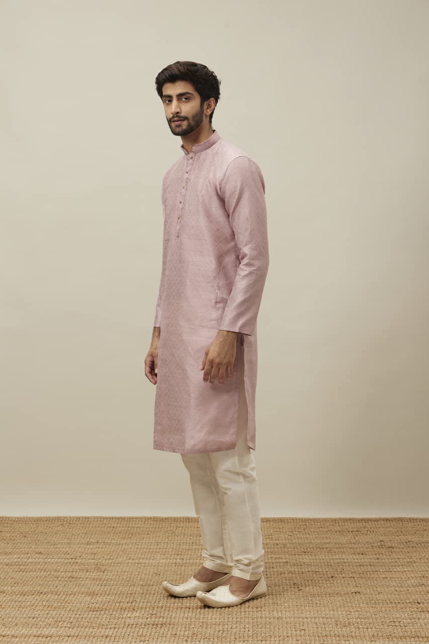 Manyavar Kurta Set For Men, Full Sleeves Mandarin Collar Ethnic Kurta & Payjama Set Art Silk All Over Self Design Set (Dusty Pin