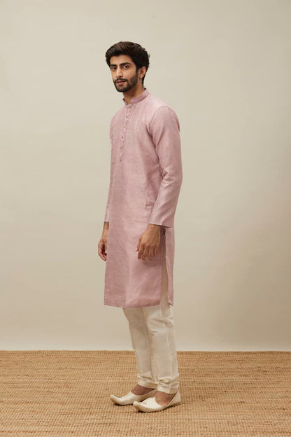 Manyavar Kurta Set For Men, Full Sleeves Mandarin Collar Ethnic Kurta & Payjama Set Art Silk All Over Self Design Set (Dusty Pin