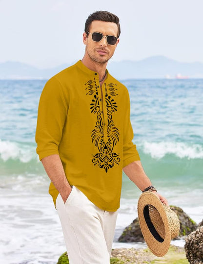 Finivo Fashion MenS Cotton Blend Short Kurta With Bold Printed Front Design | Full Sleeve Ethnic Casual Kurta With Mandarin Coll