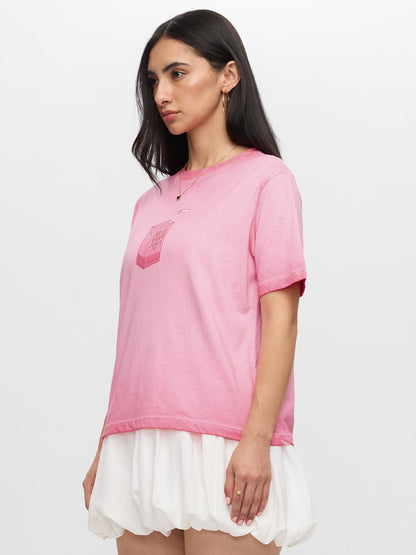 The Souled Store Love Juice: 100% Cotton Women & Girls Short Sleeve Round Neck Pink Grpahic Printed Acid Washed Relaxed Fit T-Sh
