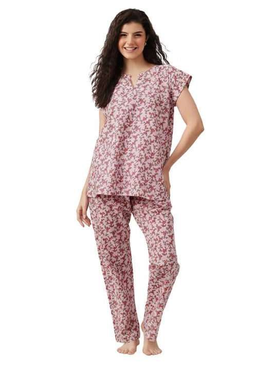 Clovia Womens Pink Floral Print Top & Pyjama Set (LS0767P22_Pink_M)