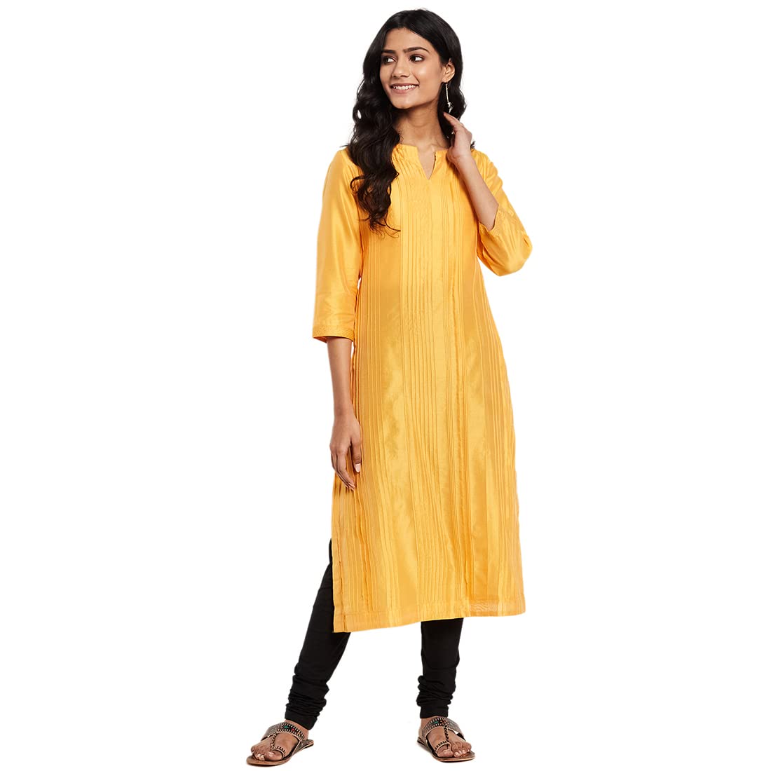 Fabindia Women Silk Textured Long Kurta Cotton_Xs Yellow