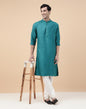 Fabindia Men's Viscose Silk Embroidered Comfort Fit Kurta (1035105TEAL_Teal