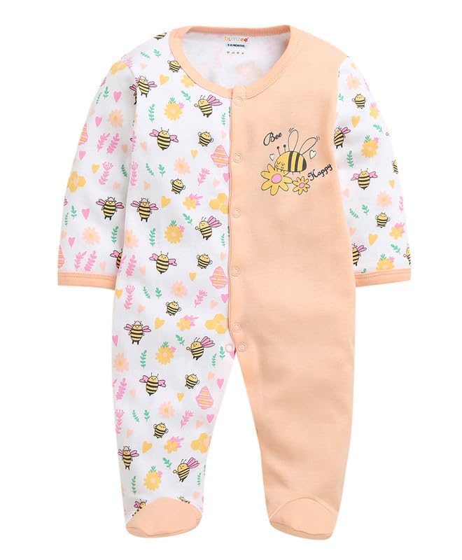 Bumzee Girls Cotton Full Sleeves Sleepsuit Peach & White - New Born (Peb10919A-Pch)