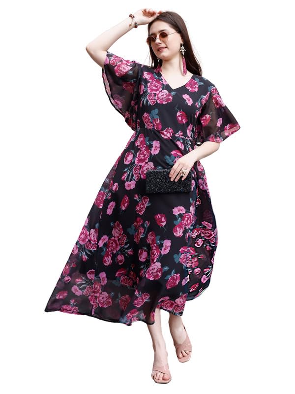 Smowkly WomenS Georgette Floral Printed Indo-Western Ethnic Gown || Half Sleeve V Neck Fit & Flare Flared Hem Design || A-Line