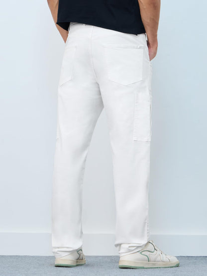 The Souled Store Mens Cargo Jeans: White Men and Boys Buttoned Solid Cotton Blend Straight Fit Cargo Jeans