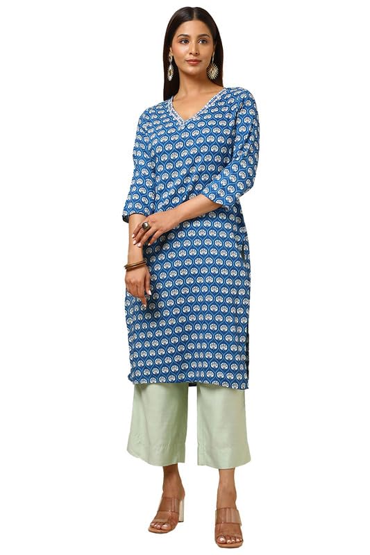 Soch Womens Blue Rayon Ethnic Motifs Kurta with Thread Work