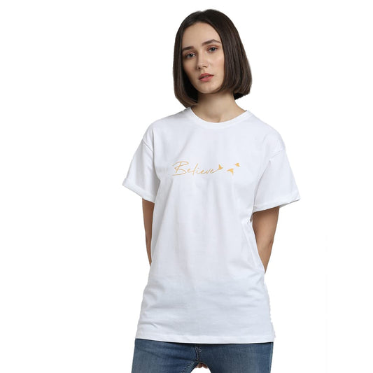 Bewakoof Cotton Women Minimal Believe Boyfriend White Half Sleeve Round Neck Printed Relaxed Fit T-Shirt, Medium