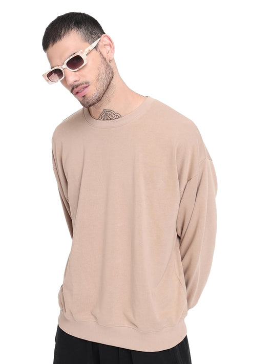 Bewakoof Mens Solid Oversized Fit Full Sleeve Round Neck Fleece Sweatshirt_555429_Brown_XL