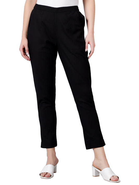Idalia Black Solid Cotton Trouser For Women Formal Trousers With 2 Pocket Fusion Wear Trouser Pants For Ladies