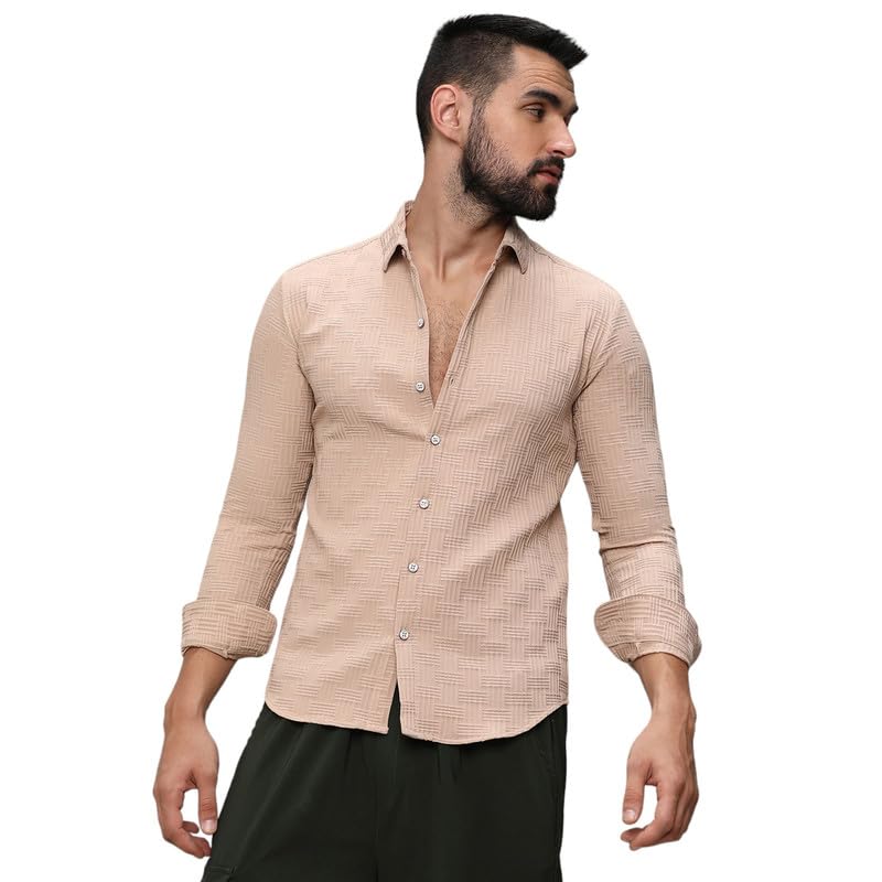 Campus Sutra Mens Beige Self-Design Intertwine Shirt for Casual Wear | Spread Collar | Long Sleeve | Button Closure | Shirt Cra