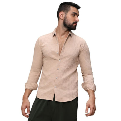 Campus Sutra Mens Beige Self-Design Intertwine Shirt for Casual Wear | Spread Collar | Long Sleeve | Button Closure | Shirt Cra