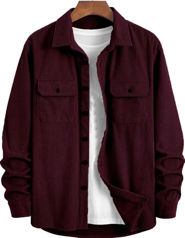 Deelmo MenS Full Sleeve Corduroy Shirt | Stylish Textured Casual Button-Down Shacket For Autumn Winter | Dual Pocket Front Desig