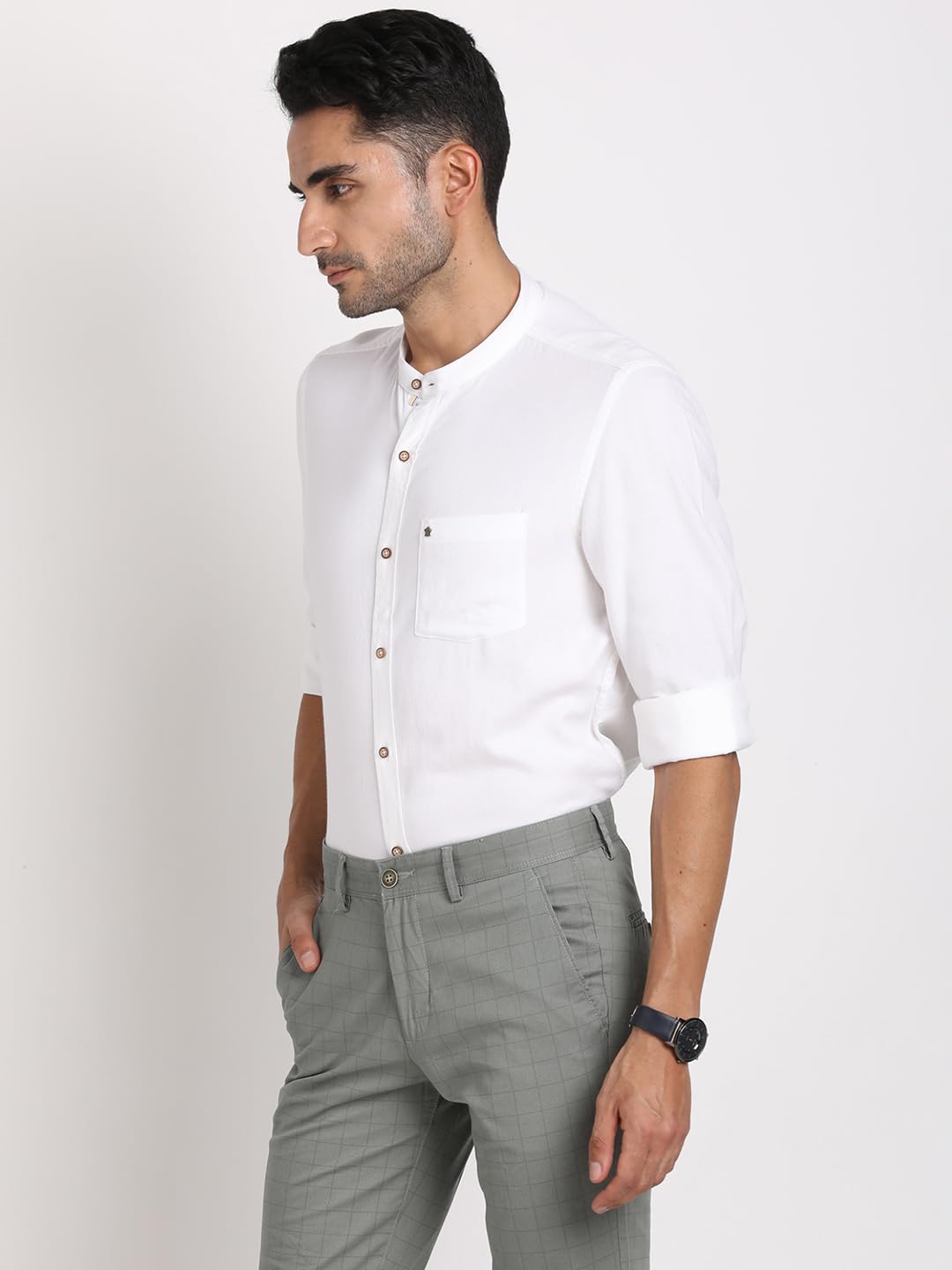 Turtle Men Cotton Lyocell White Solid Slim Fit Full Sleeve Casual Shirt