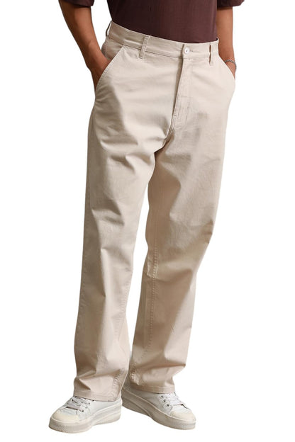 Hubberholme Men Beige Cotton Loose Fit Mid-Rise Trousers