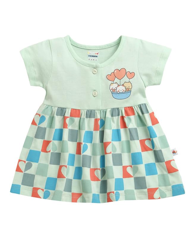 BUMZEE Baby Girls Cotton Round Neck Half Sleeves Graphic Print Above Knee Length Frock/Dress Mint Green - 3-6 Months (Peb11187B-