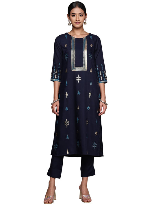 ZIYAA Women's Navy Blue Rayon Straight Kurta Pant Set (ZIKURY3984ANDPL)