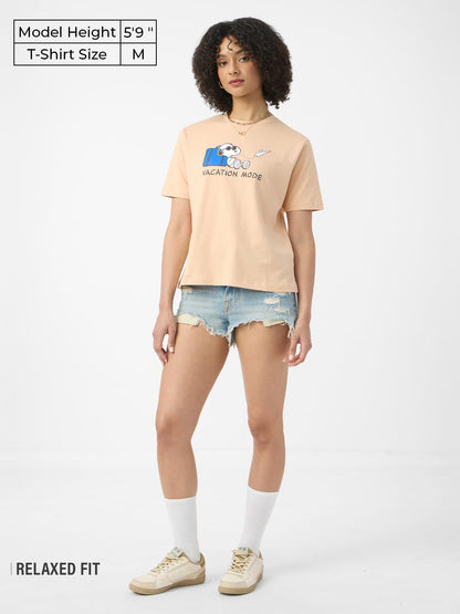 The Souled Store Peanuts: Vacation Mode Women and Girls Short Sleeves Round Neck Beige Graphic Printed Cotton Relaxed Fit T-Shir