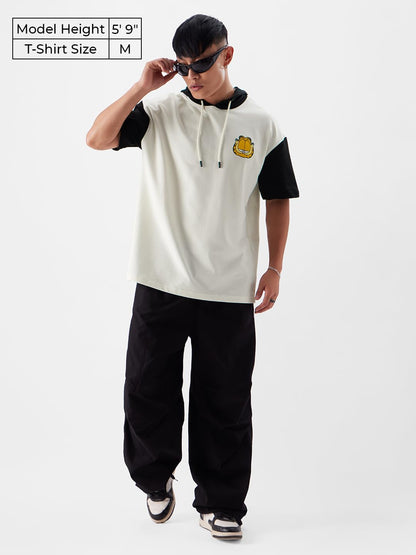 The Souled Store Garfield: Guarding Me? Men and Boys White and Black Graphic Print Short Sleeve Pull On Oversized Fit Hooded T-S
