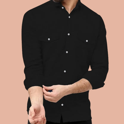 Rebelify MenS Cotton Shirt With Pockets Full Sleeves Collared Neck Solid Pattern Botton Down Closure Regular Fit And Standard L