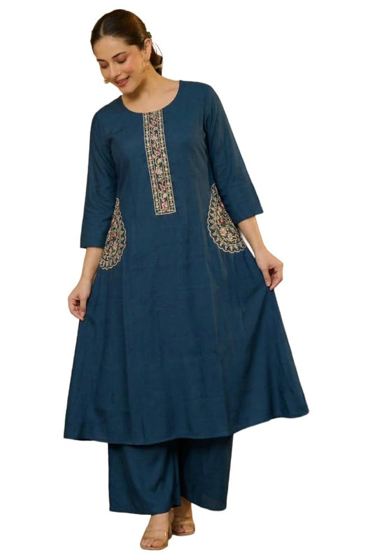 Gosriki WomenS Viscose A-Line Embroidered Kurta With Palazzo (Chinta Blue-Gs_S_Blue_Small)
