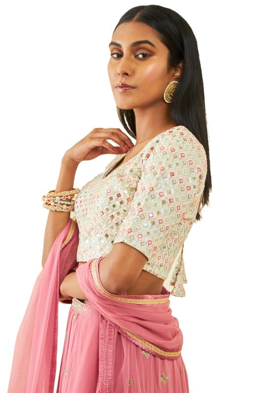 Soch Womens Cream Georgette Sequin Embellished And Embroidered Back-Open Blouse
