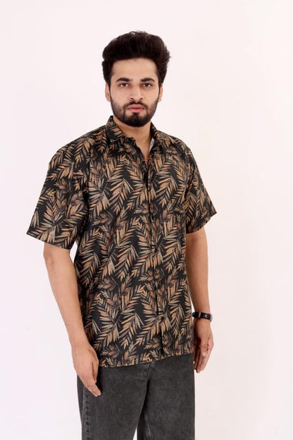 Brown Culture MenS Cotton Blend Abstract Print Shirt With Spread Collared Half Sleeves Standard Length And Button Down Closure