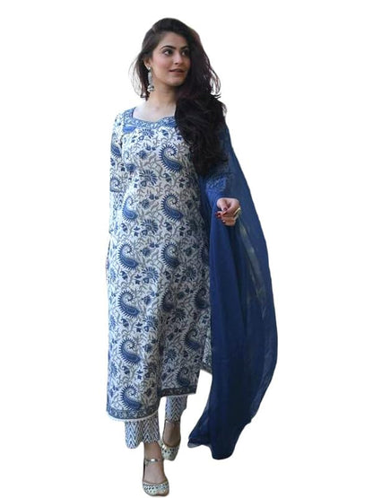 Pinkmint Women Straight Rayon Printed Kurta and Pant Set with Dupatta ll ll Event Wear Light Blue