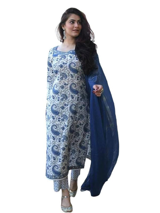 Pinkmint Women Straight Rayon Printed Kurta and Pant Set with Dupatta ll ll Event Wear Light Blue