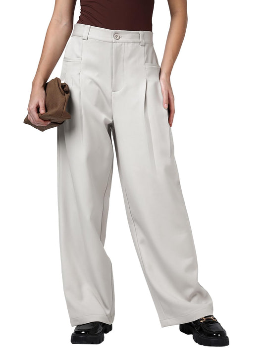 Bewakoof WomenS Solid Oversized Fit Polyester Casual Pants_1004111_Grey_M