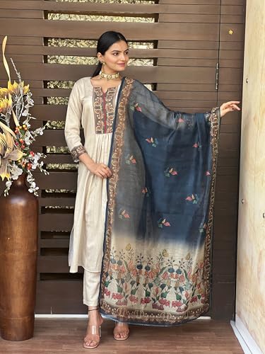 ANNI DESIGNER Women's Viscose Rayon Printed Kurta with Pants & Dupatta, Size 40, Cream, Model LADKI CREAM