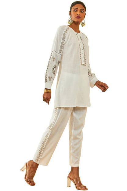 Soch Womens White Rayon Slub Embroidered Co-Ord Set With Lace Attached