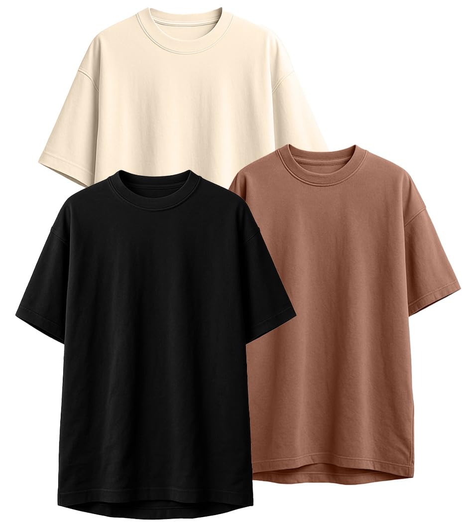 Veirdo Mens Cotton Vivamaginta Oversized Fit Short Sleeve Solid Round Neck T-Shirt