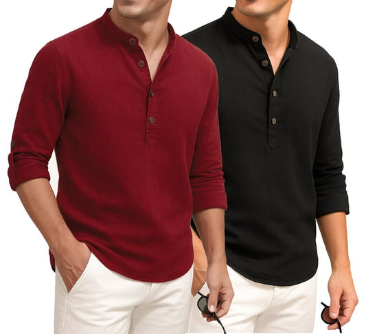 Deelmo Combo Of MenS Cotton Blend Solid Regular Fit Full Sleeve Short Kurta | MenS Trendy Short Kurta Pack Of 2 Red - Black