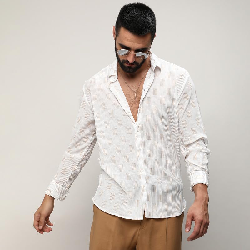 Campus Sutra Mens Chalk White Foil-Pleated Shirt for Casual Wear | Spread Collar | Long Sleeve | Button Closure | Shirt Crafted