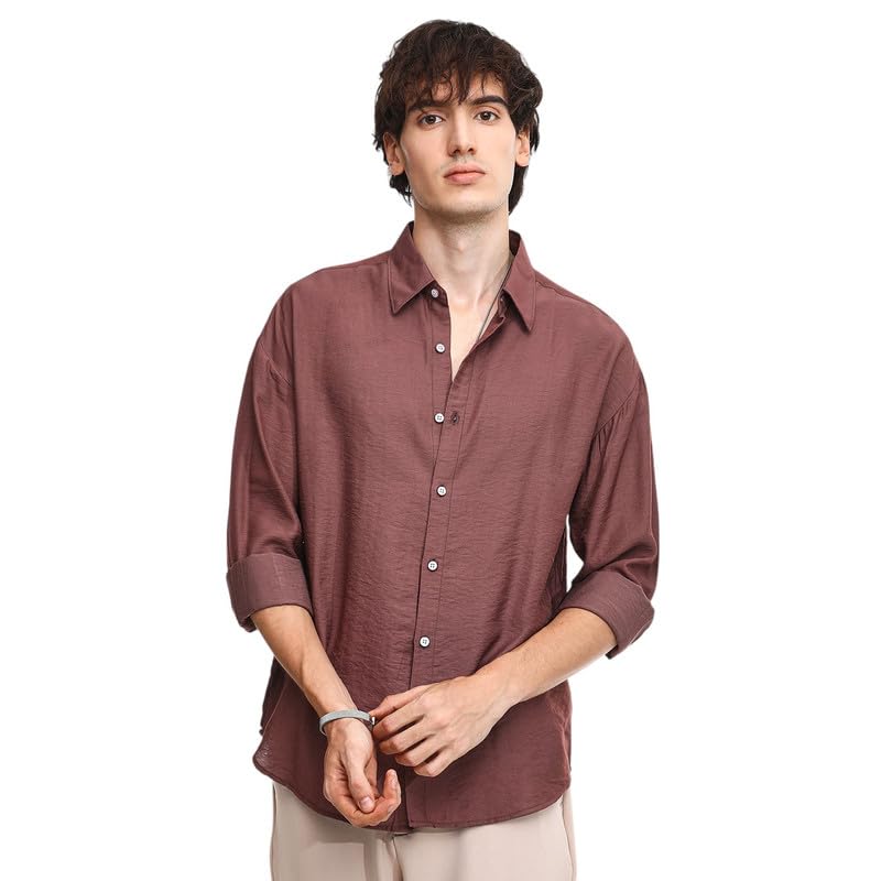 Campus Sutra Mens Mocha Brown Breezy Wrinked Shirt for Casual Wear | Spread Collar | Long Sleeve | Button Closure | Shirt Craft