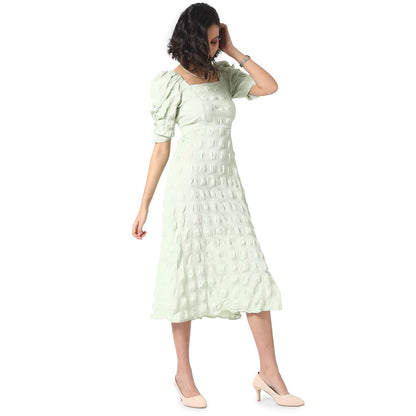 Campus Sutra Women'S Creased Midi Dress For Casual Wear | Puff Sleeve | Midi Length | Pull On Closure | Dress Crafted With Comfo