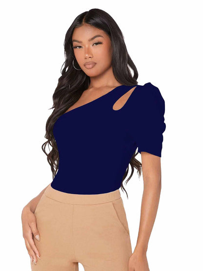 Shasmi Womens & Girls Navy Blue Short Puff Sleeve, One Shoulder Neck, Ruched Bust Solid Tops for Women/Tops, T-Shirts for Girl
