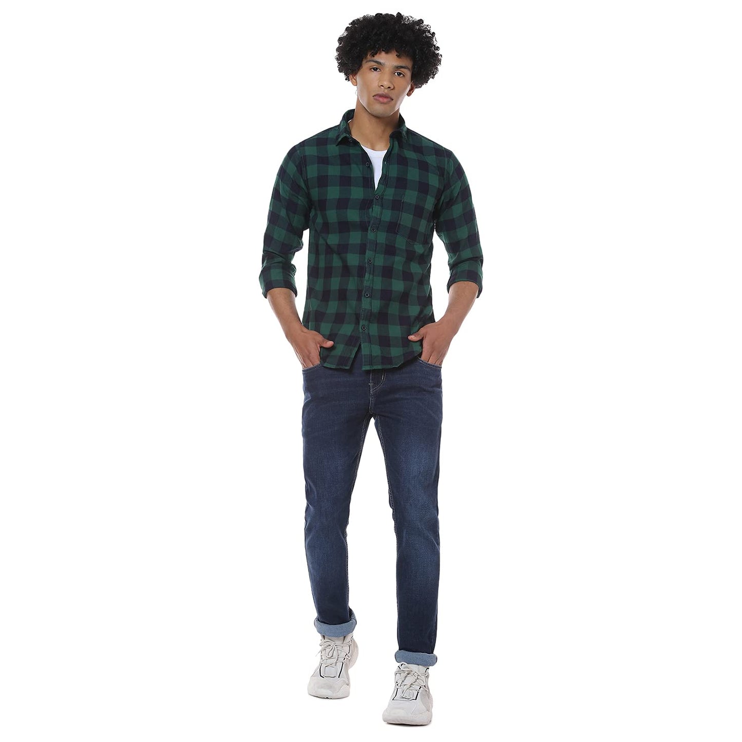 Campus Sutra Mens Navy Blue & Forest Green Buffalo Check Shirt for Casual Wear | Spread Collar | Long Sleeve | Button Closure |