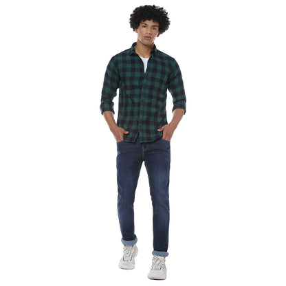 Campus Sutra Mens Navy Blue & Forest Green Buffalo Check Shirt for Casual Wear | Spread Collar | Long Sleeve | Button Closure |